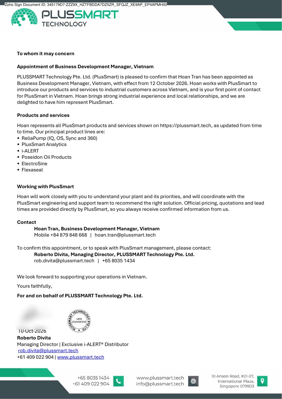 Thư bổ nhiệm Giám đốc Phát triển Kinh doanh Việt Nam – PlusSmart Technology